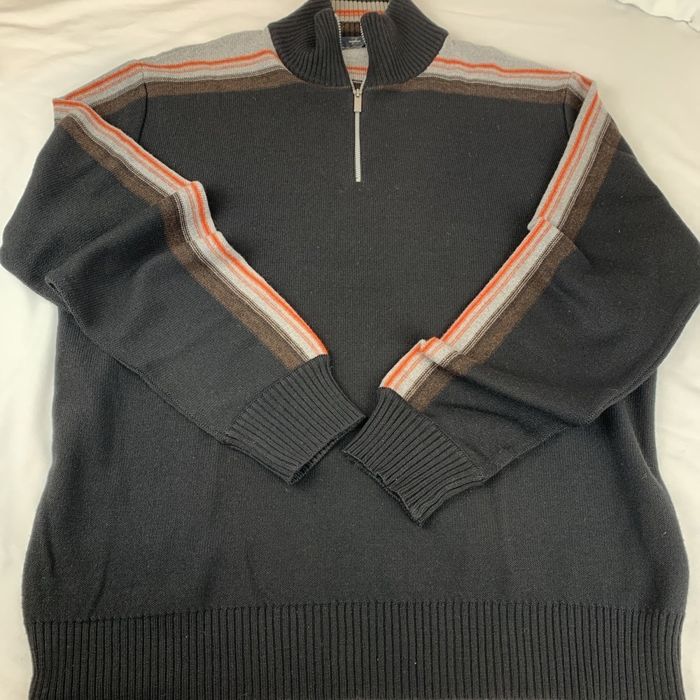 Zegna Sport Mens XL Wool 1/4 Zip Sweater Gray Orange Stripe Made Italy RN101133